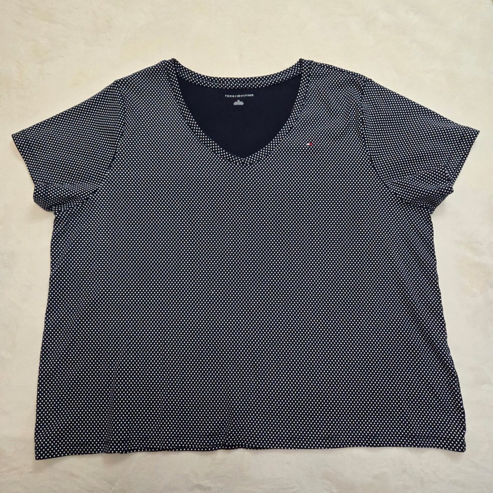 Tommy Hilfiger Womens 3X Navy Blue White Polka Dot V-Neck Cotton T-Shirt Logo - Picture 9 of 9